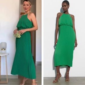 New Zara Green Pleated Midi Dress 2157/029 Extra Large XL